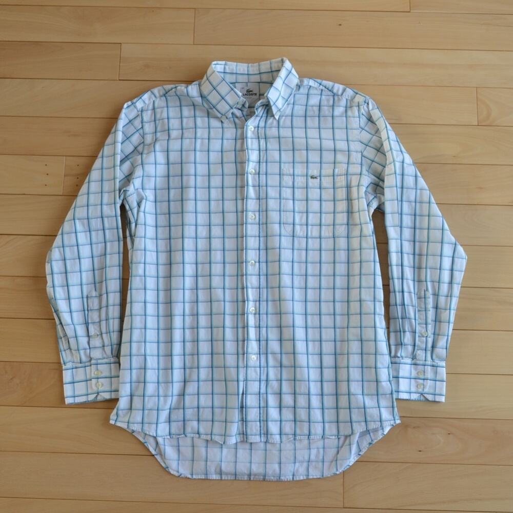 Lacoste Button Down Shirt White Blue Box Plaid Size 42